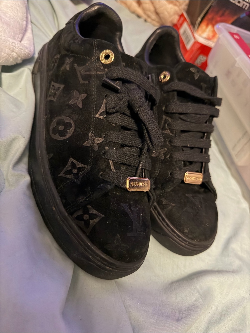 Louis Vuitton Black Monogram Suede Sneakers style Style not org make sure